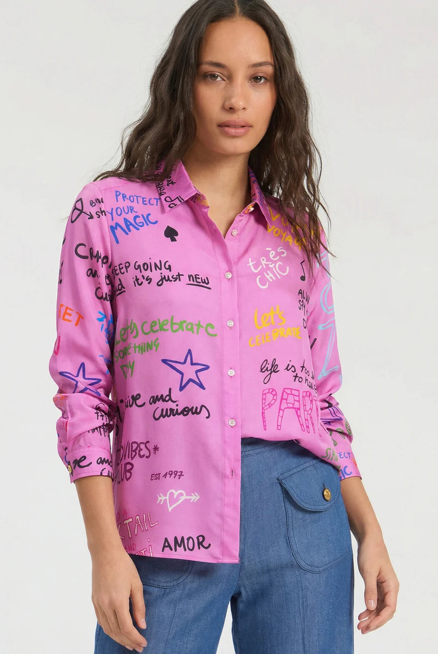 Vilagallo Ferris Wheel pink printed silk shirt front view with multicolour graphics