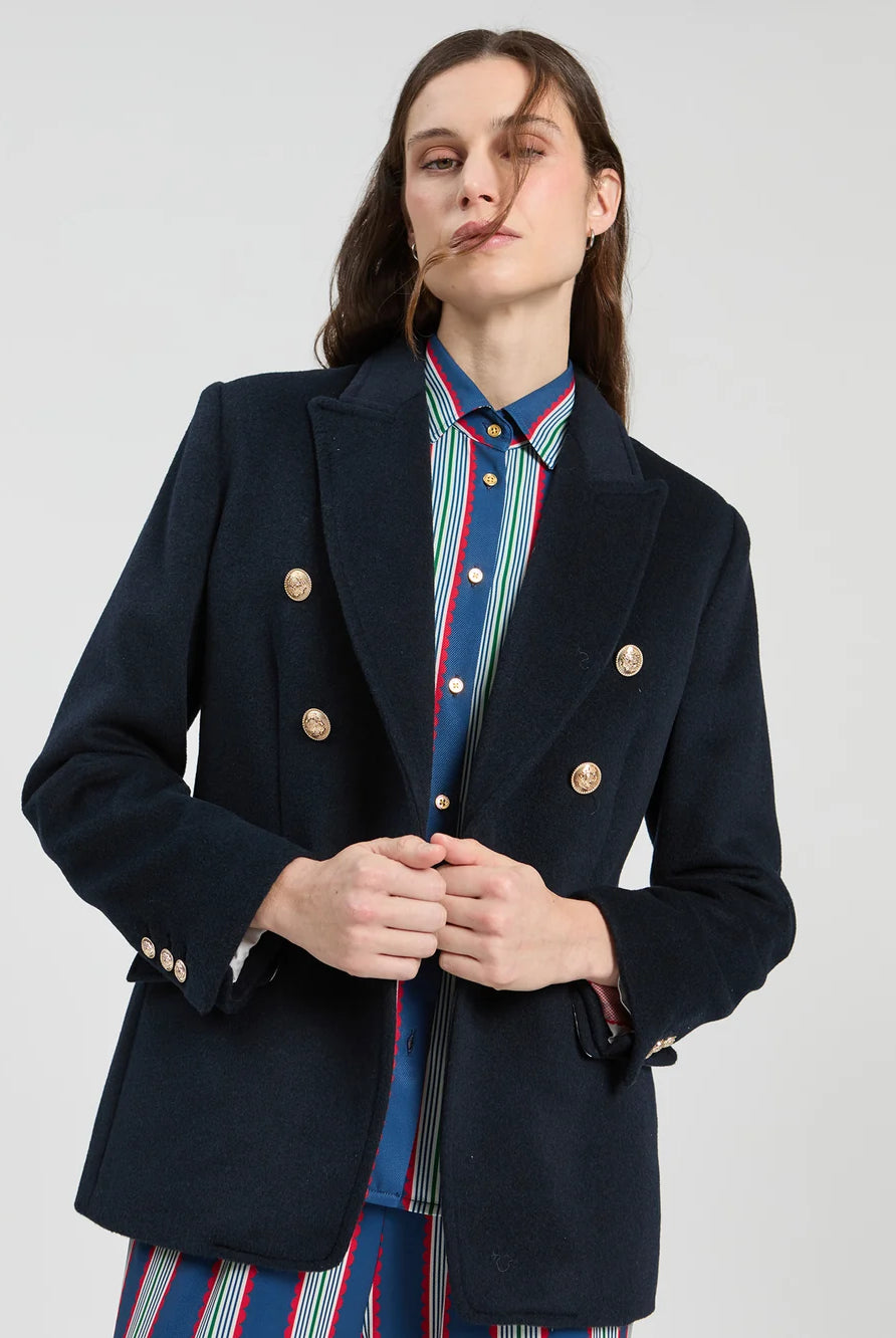 Vilagallo navy double-breasted blazer with gold buttons front view
