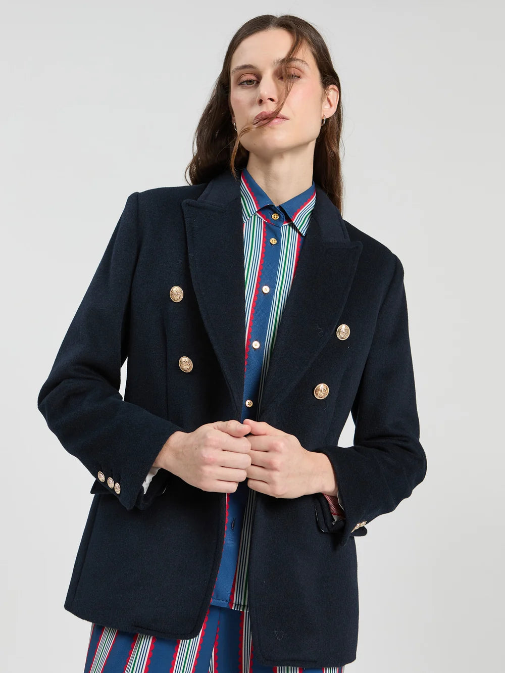 Vilagallo navy double-breasted blazer with gold buttons front view