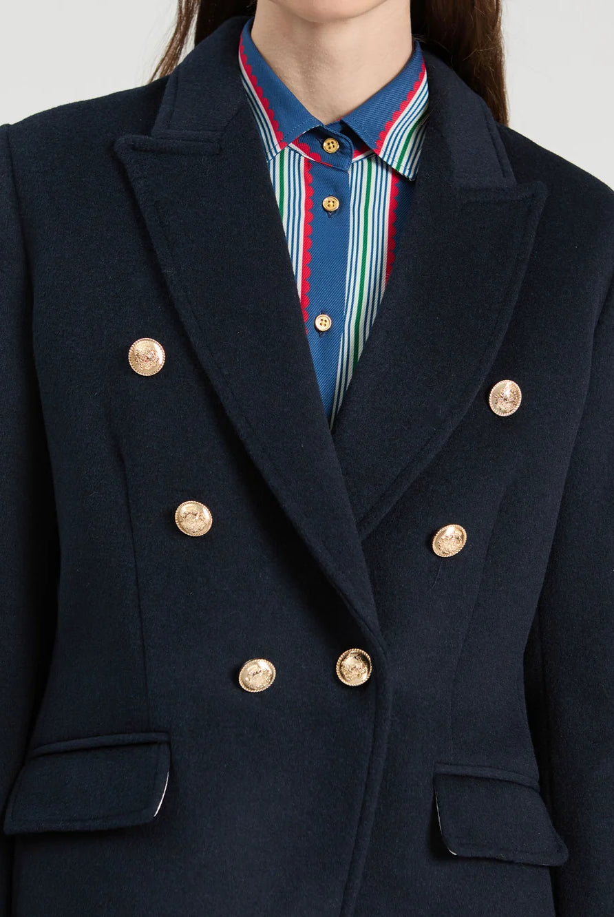Vilagallo navy gold button blazer close-up showing double-breasted front