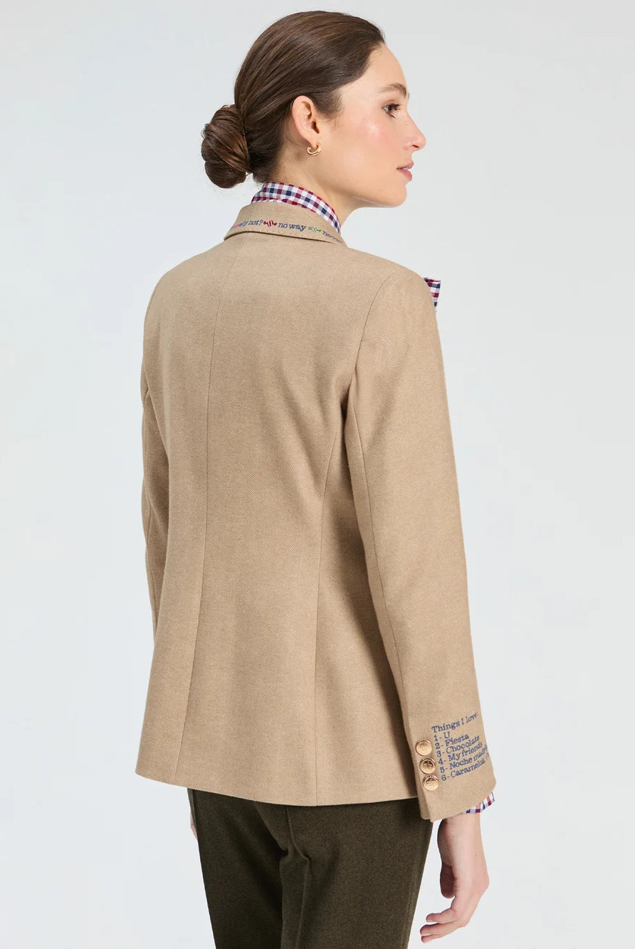 Vilagallo beige tailored blazer back view with herringbone texture