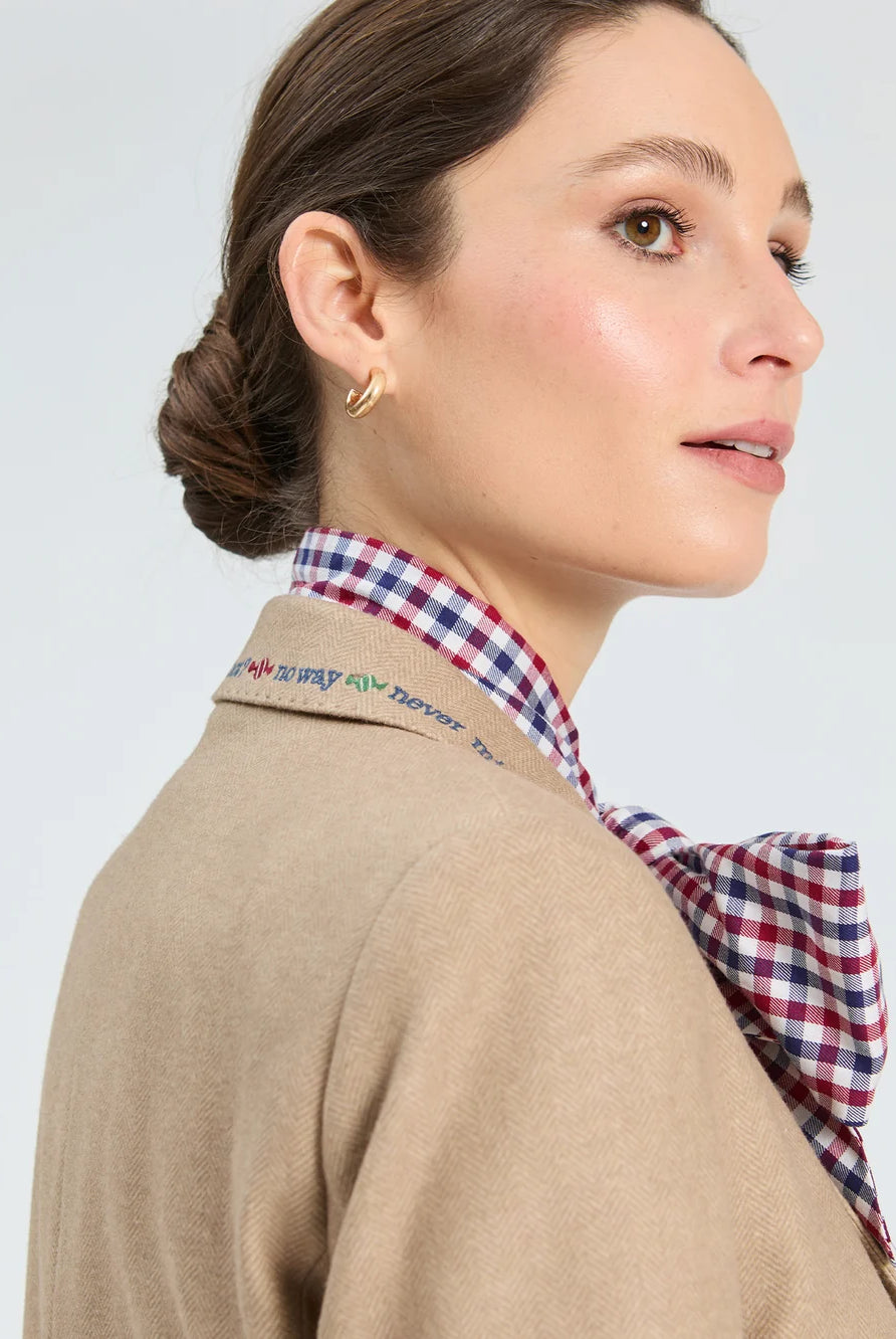 Vilagallo beige herringbone blazer close-up showing lapel detail