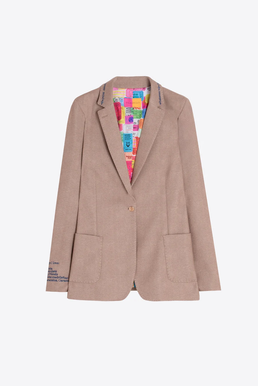 Vilagallo beige herringbone blazer product view showing colourful printed lining