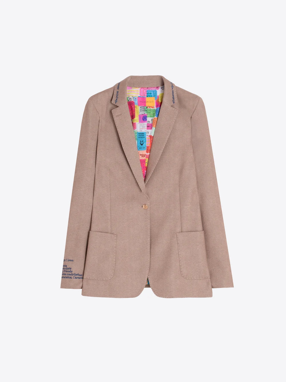 Vilagallo beige herringbone blazer product view showing colourful printed lining