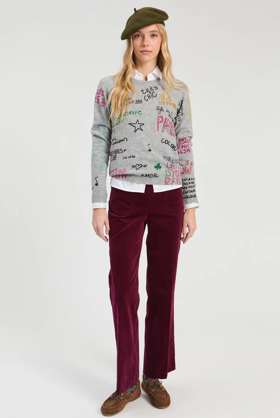 Vilagallo grey graphic jumper styled with burgundy trousers