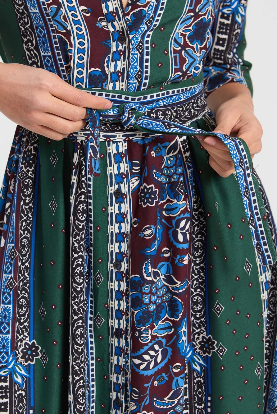 Vilagallo blue green printed midi shirt dress back view