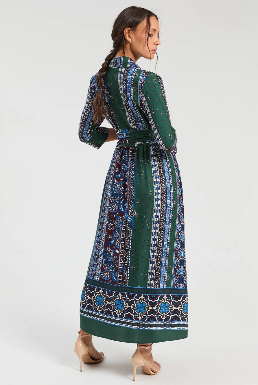 Vilagallo patchwork print belted midi shirt dress product view