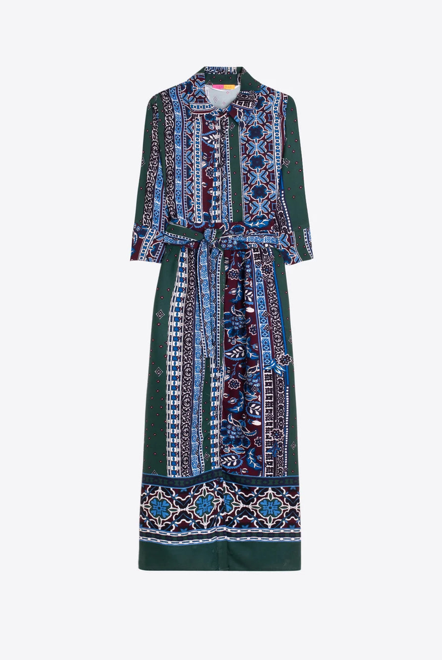 Vilagallo blue green burgundy print midi shirt dress front view