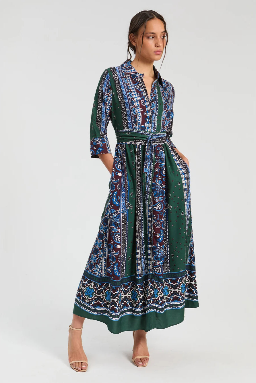 Vilagallo blue green patchwork print belted midi shirt dress waist detail