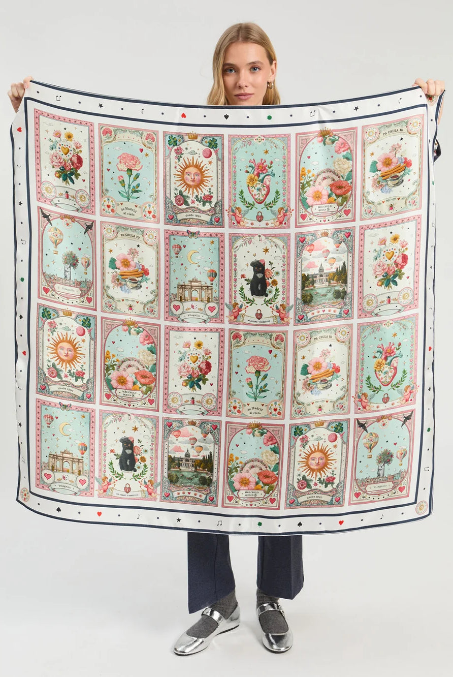 Vilagallo Madrid multicolour silk scarf showing decorative card artwork