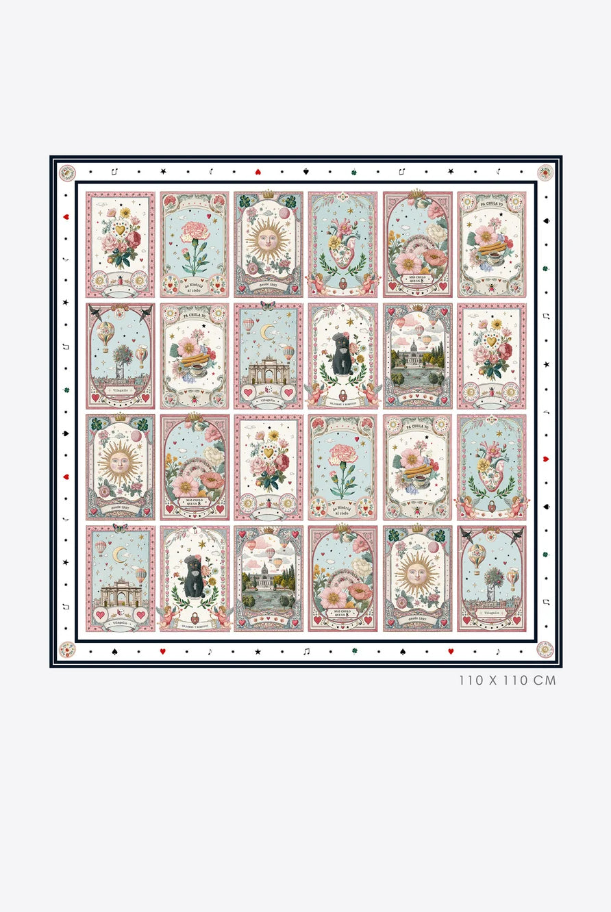 Vilagallo Madrid illustrated card print square silk scarf full view