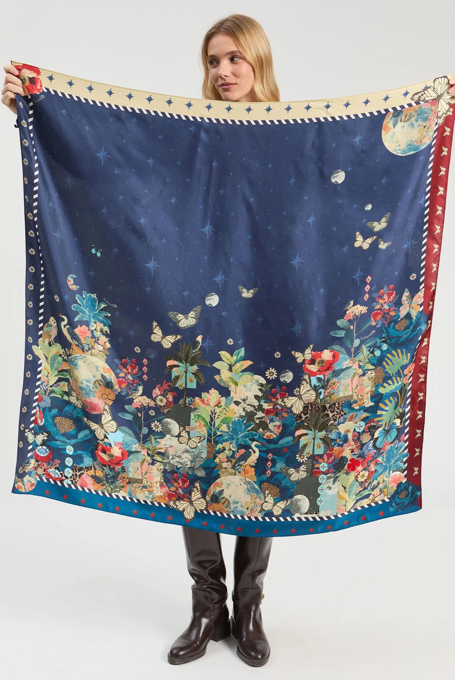 Vilagallo Botanic Moon square silk scarf showing colourful botanical border