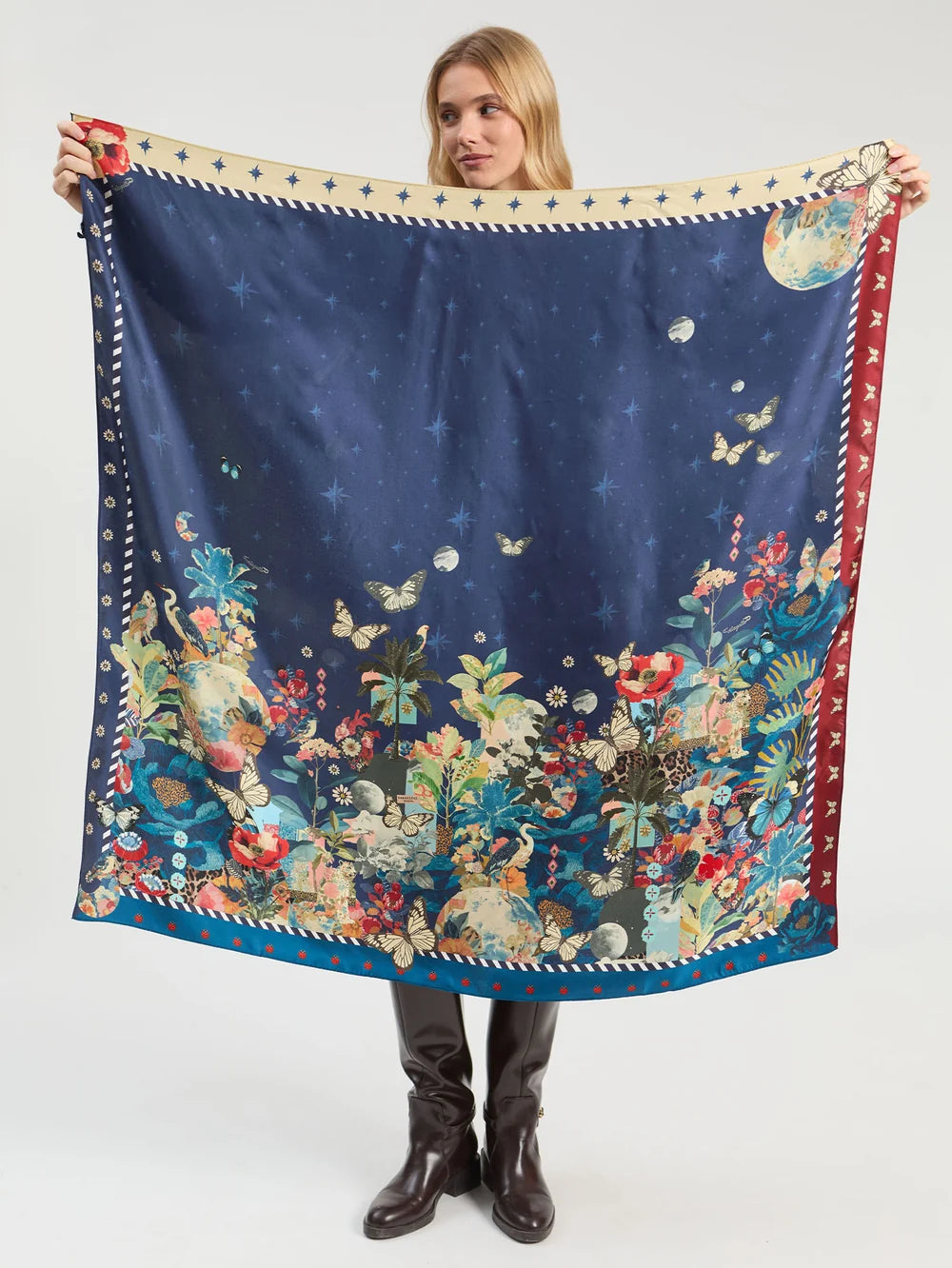 Vilagallo Botanic Moon square silk scarf showing colourful botanical border