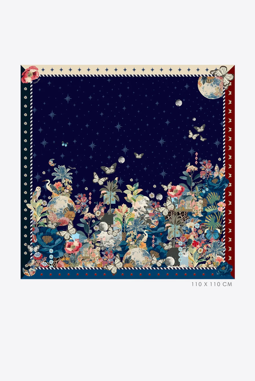 Vilagallo Botanic Moon navy botanical print silk scarf full view
