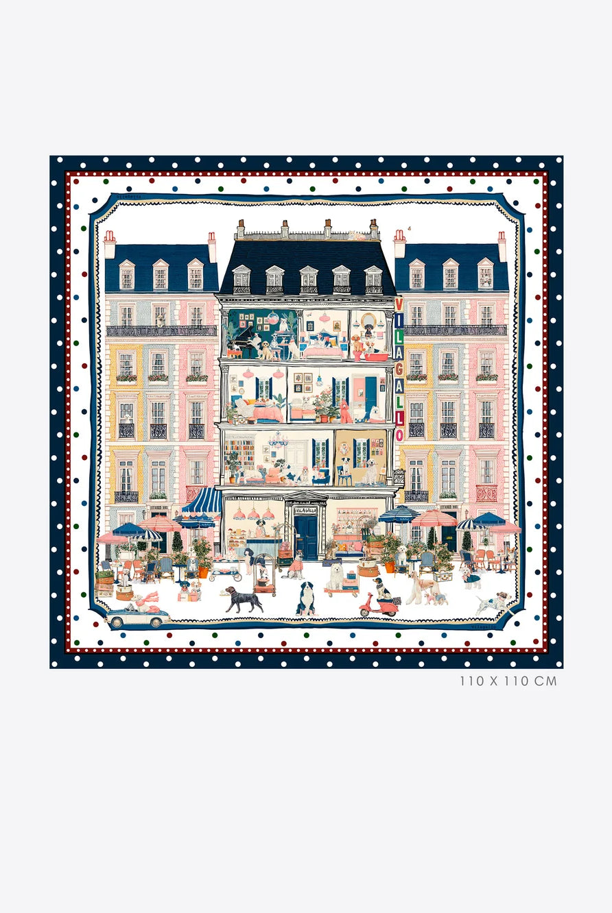 Vilagallo Parisian hotel and city scene print square silk scarf