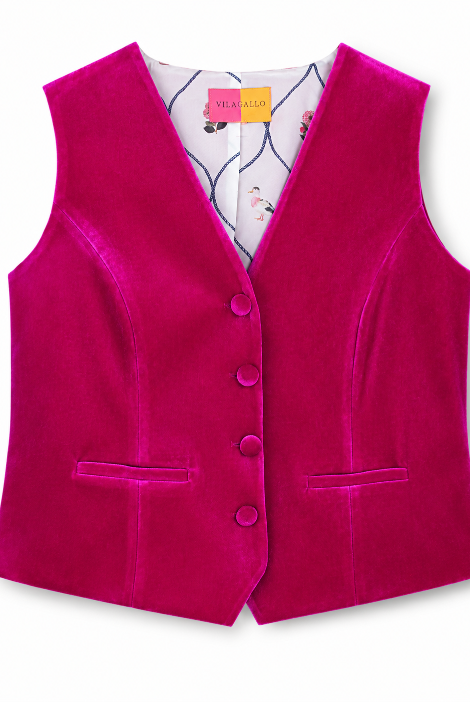 Vilagallo fuchsia pink velvet tailored waistcoat with covered buttons and printed lining