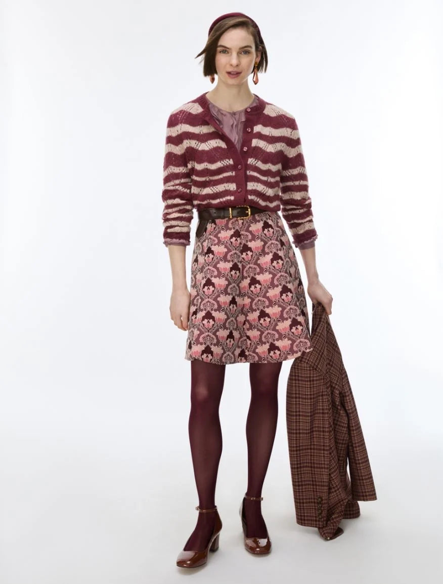 iBlues Iblghinea pink floral mini skirt styled with burgundy knitwear