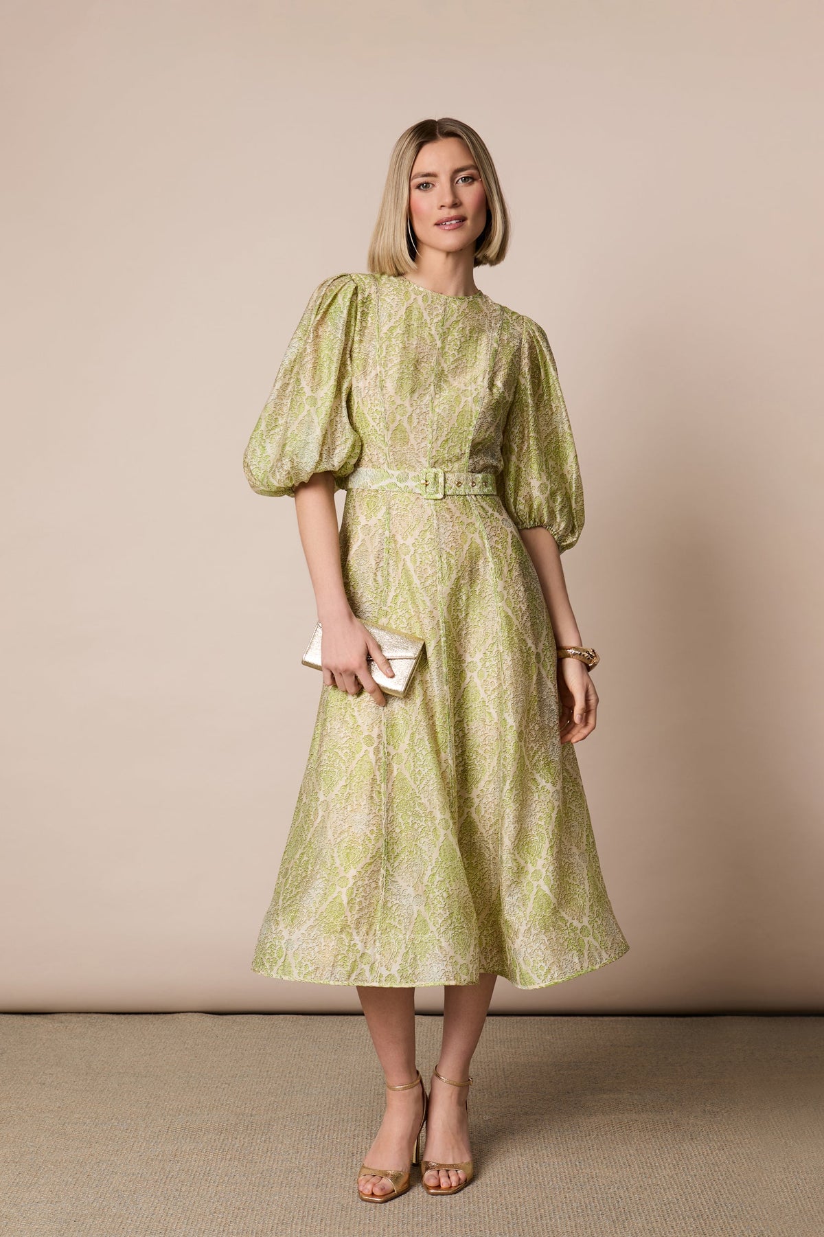 Fee G Kate green paisley wedding guest midi dress front view