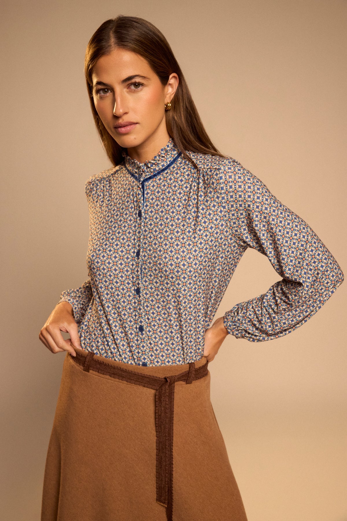 Tinta Encarnacion blue and tan geometric print long sleeve shirt front view