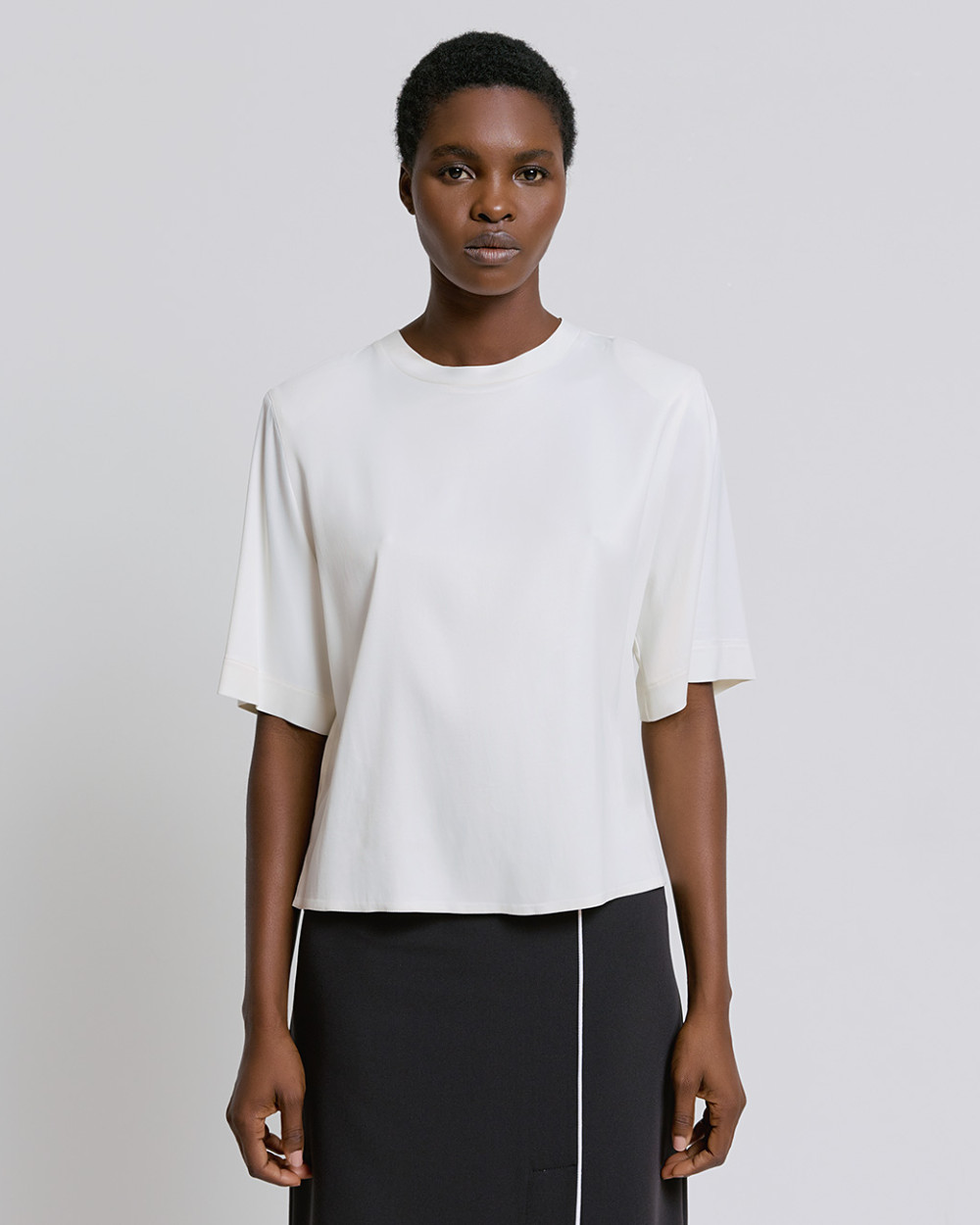 Access Fashion Off White Satin Top With Padded Shoulders