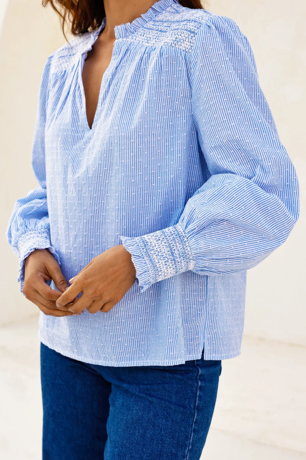 Aspiga blue stripe top with relaxed fit and jeans outfit