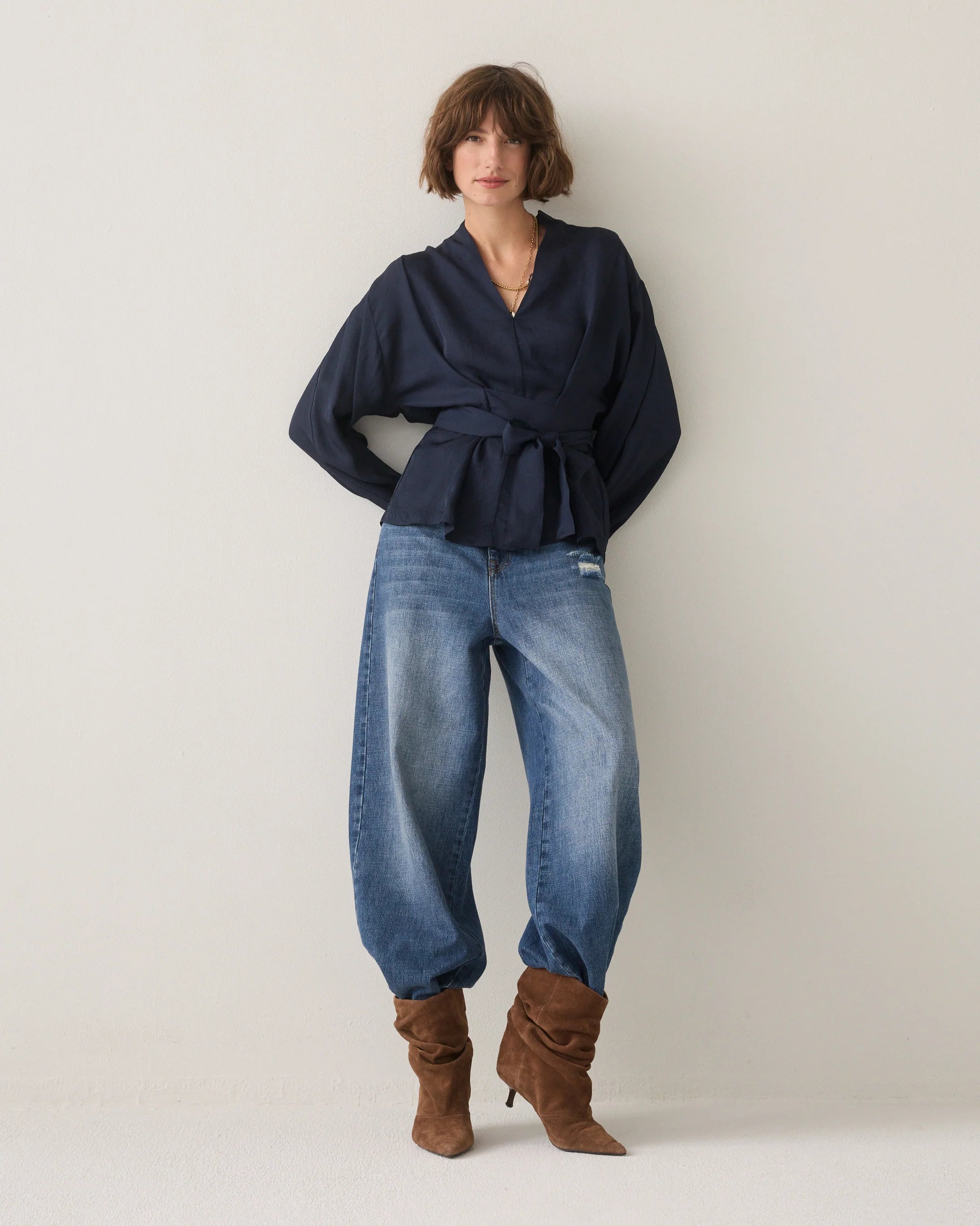 Summum navy wrap blouse – full-length front model view