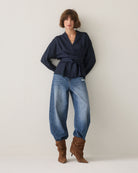 Summum navy wrap blouse – full-length front model view
