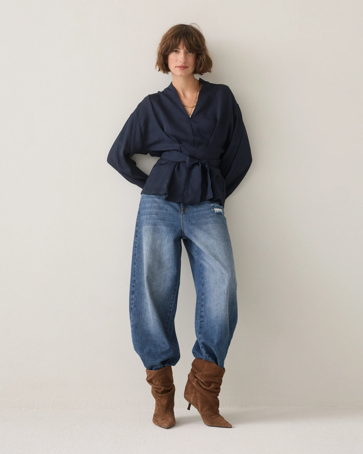 Summum navy wrap blouse – full-length front model view