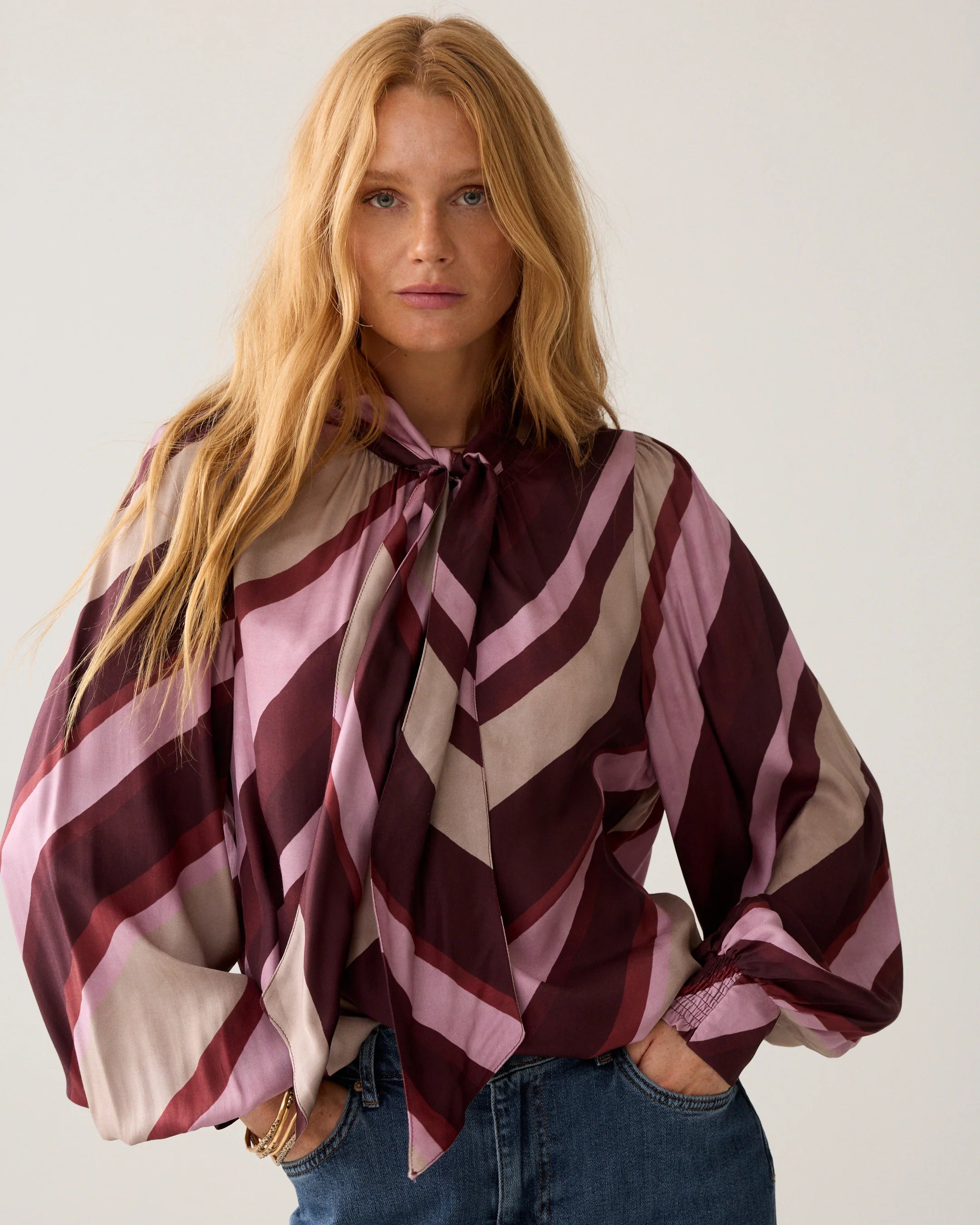 Summum burgundy stripe bow tie dressy blouse