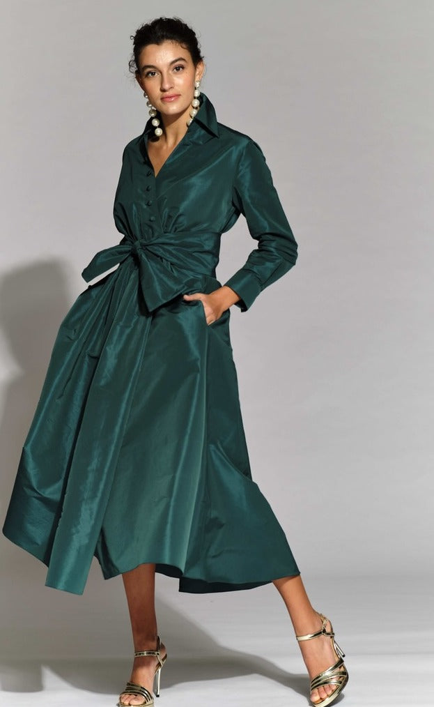 Moskada BGreen A line Belted Occasion Dress with Tie Waist and Pockets Ribbon Rouge Boutiques