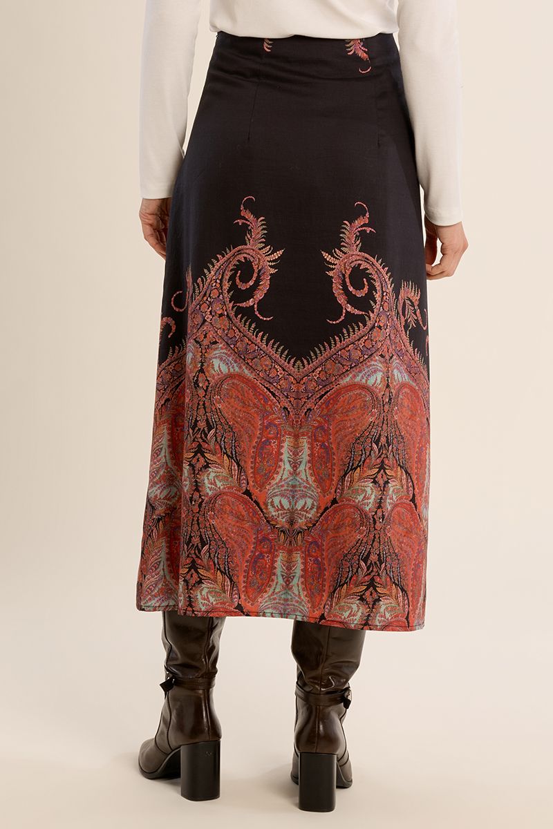 Molly Bracken black paisley print midi skirt – back model view