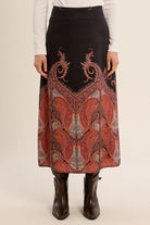 Molly Bracken black paisley print midi skirt – front model view