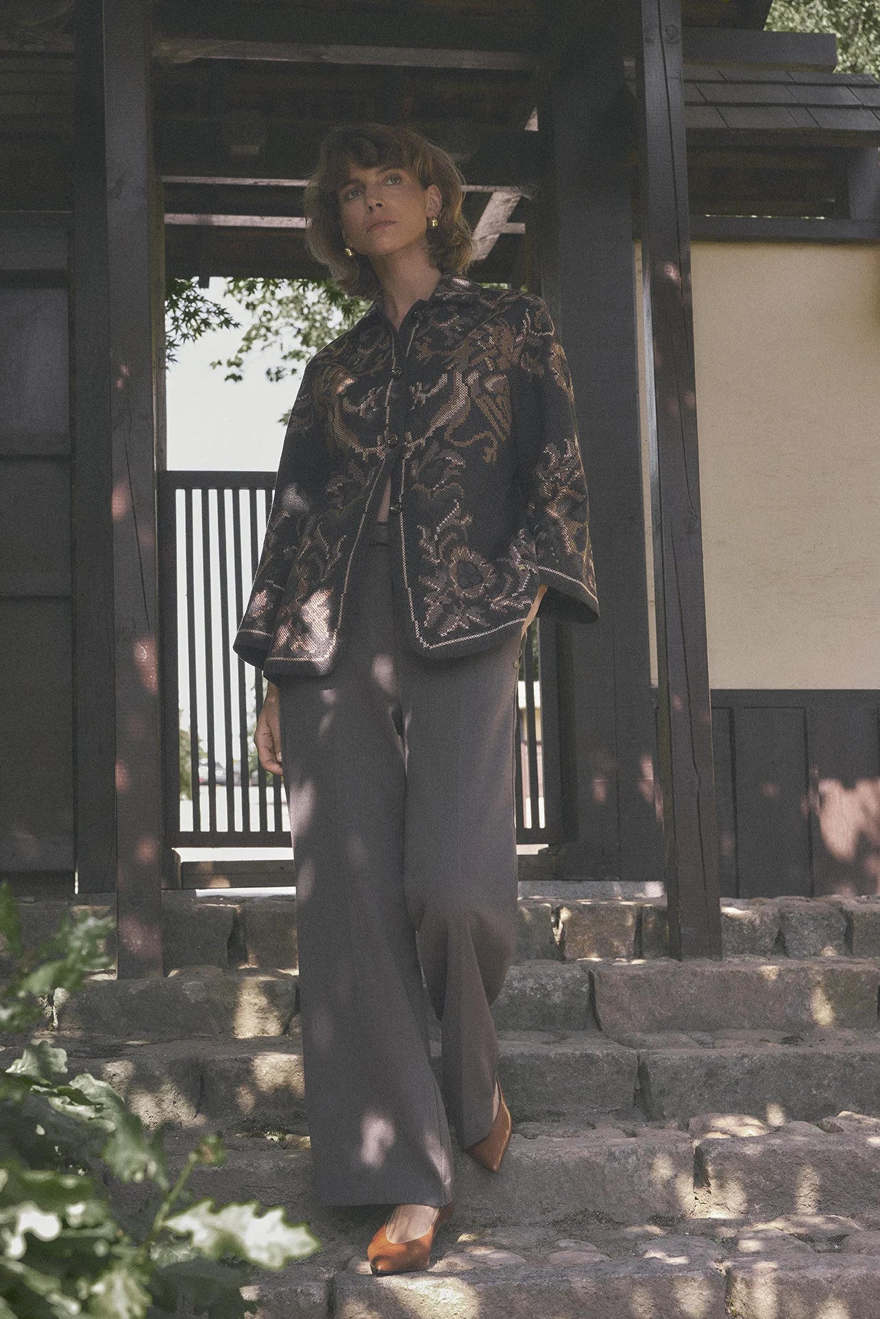 Gustav Sarah blazer showing intricate sand and grey embroidery – fabric detail