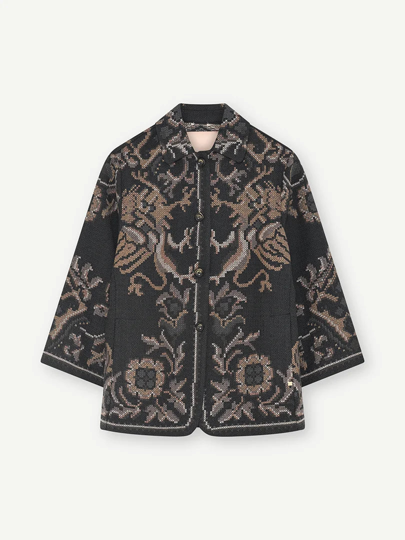 Gustav Sarah black embroidered blazer with beige and brown decorative patterns – front product view