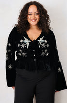 Hope & Ivy Glacia black velvet bird embellished top – front curve model view