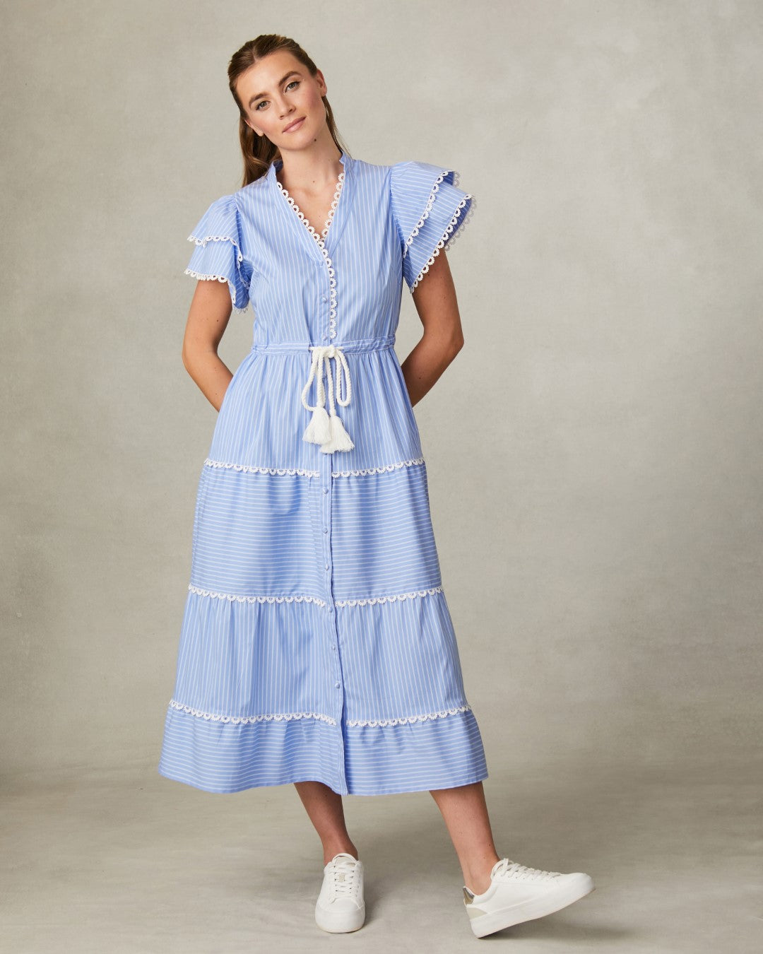 Fee G Eloise Pinstripe Tiered Midi Dress In Blue 