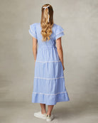 Fee G Eloise Blue Pinstripe Tiered Midi Dress From The Back 