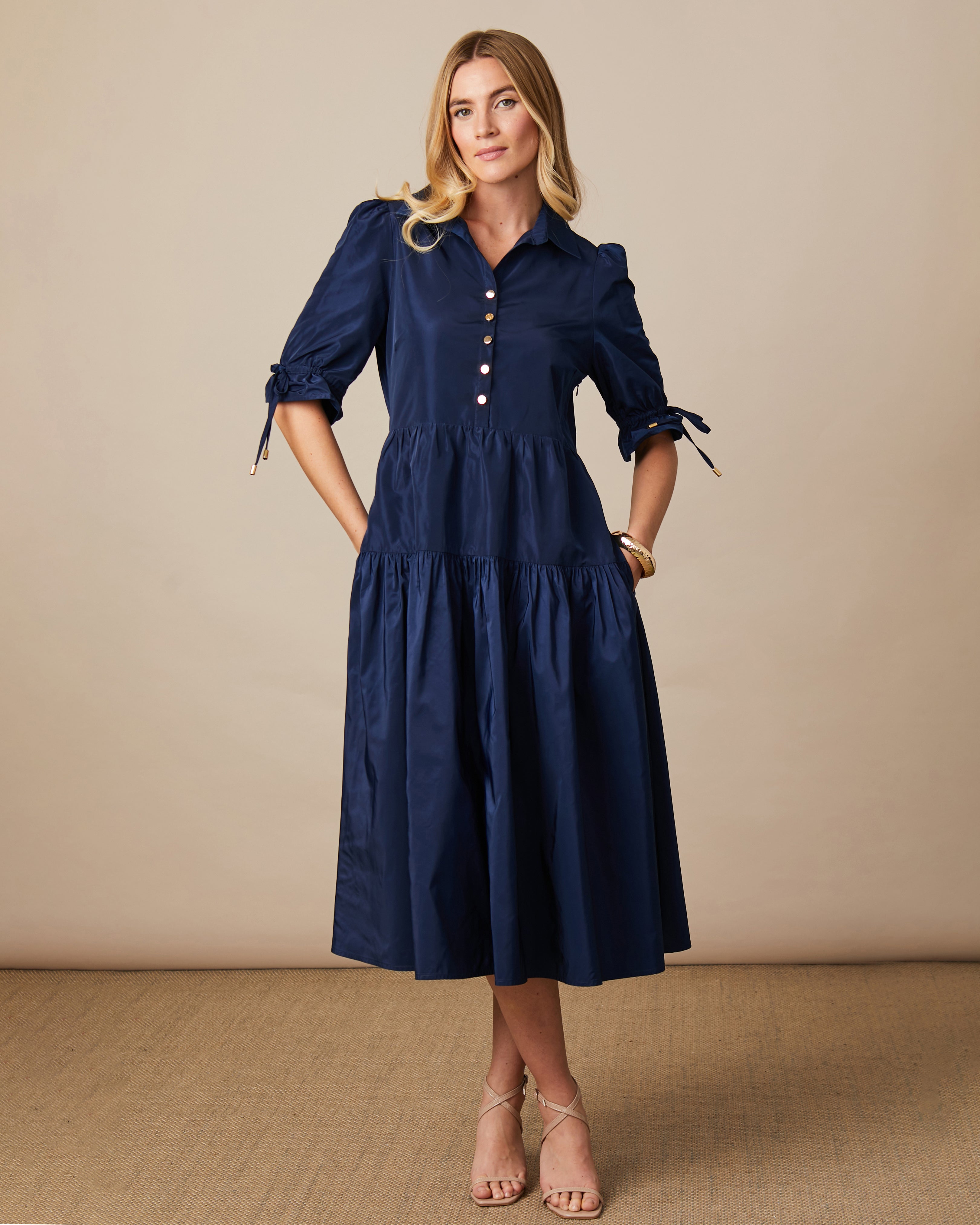 Fee G Agatha Navy Tafetta Layered Shirt Dress