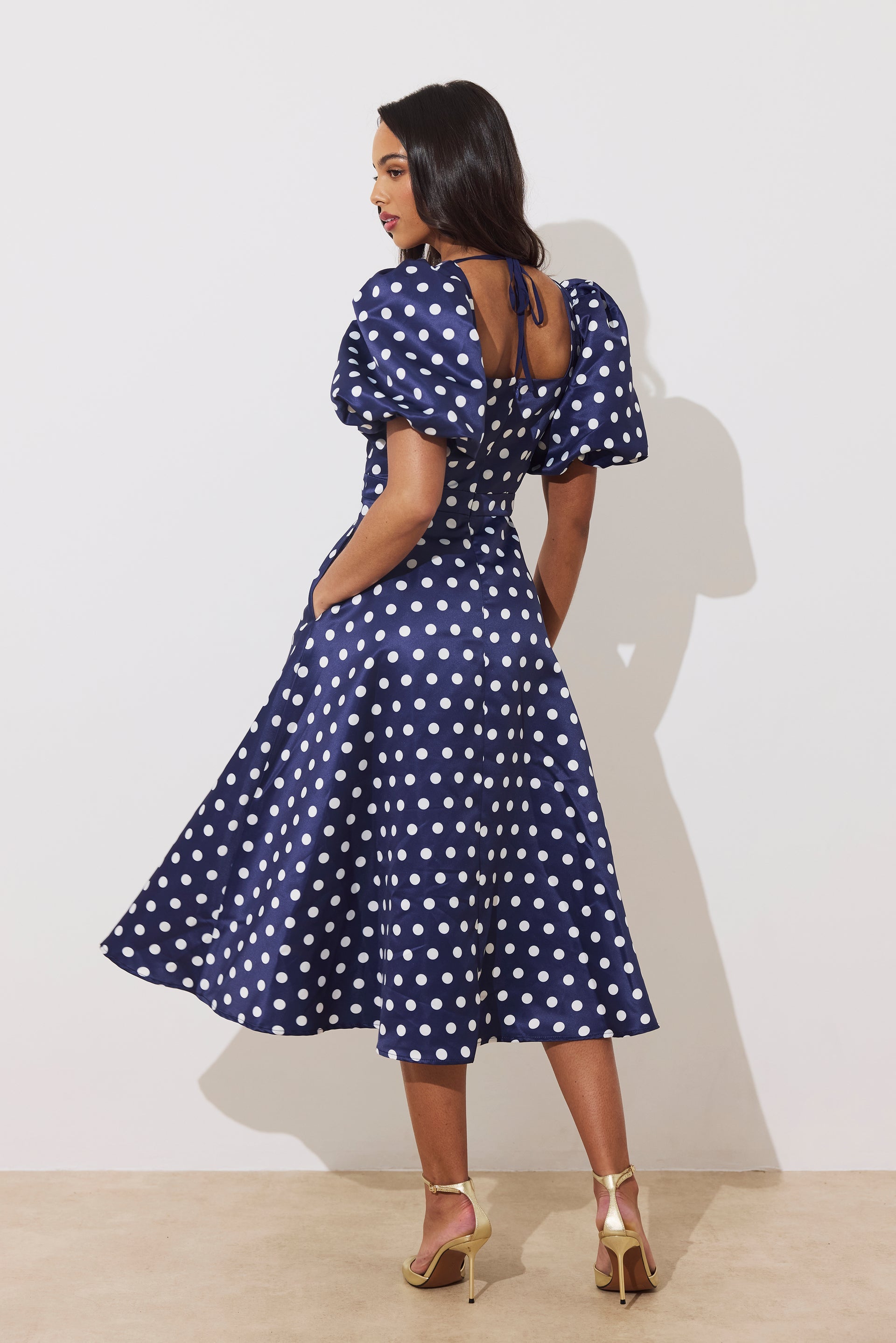 8th Sign Audrey navy polka dot midi dress full skirt with pockets back view
