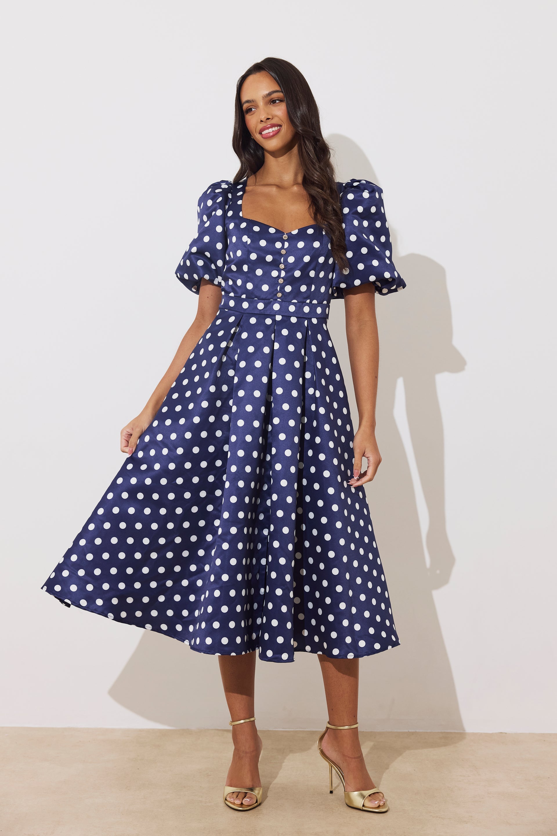 8th Sign Audrey navy polka dot puff sleeve midi dress front view