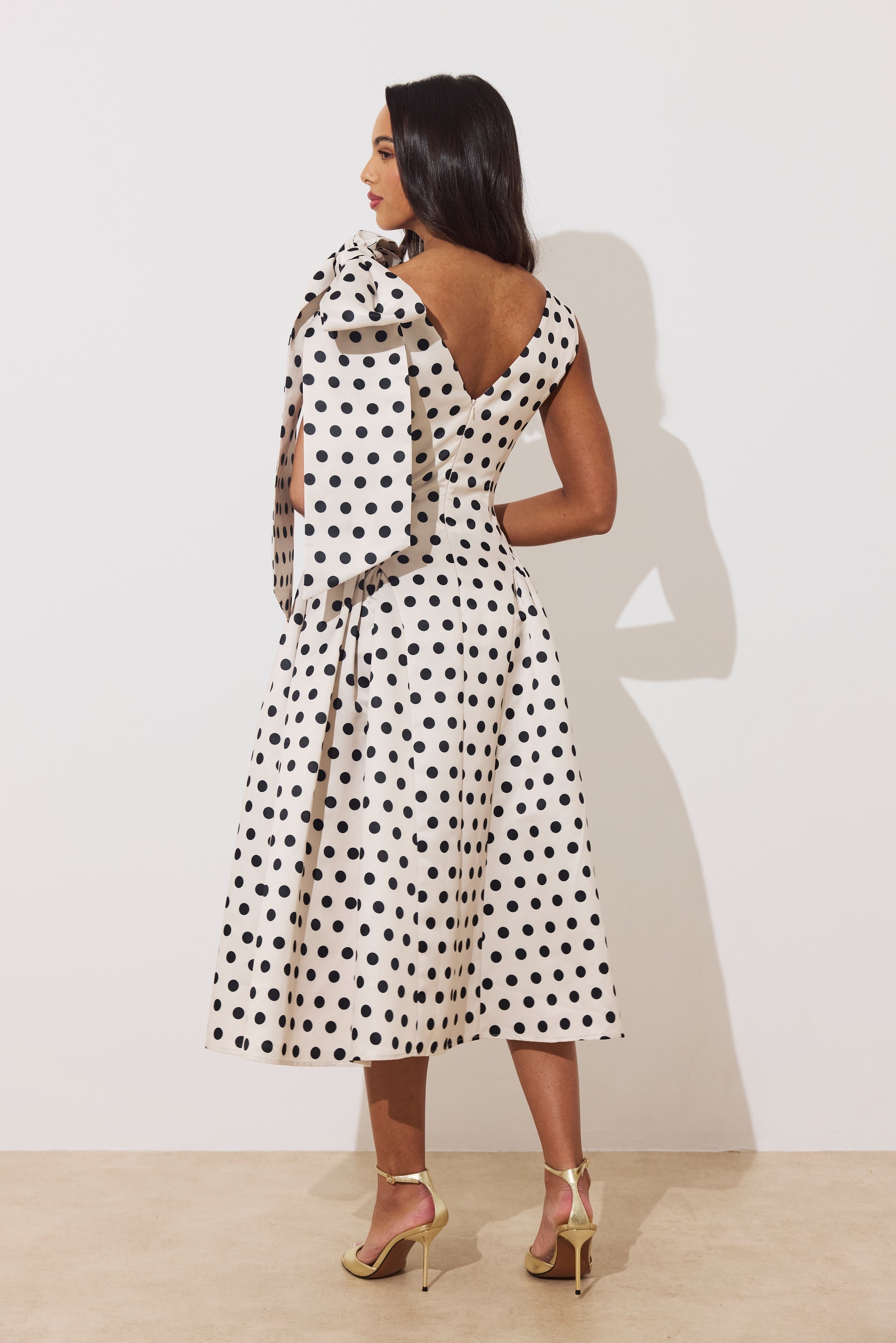 8th Sign Beatrice Midi Dress back view bow shoulder detail