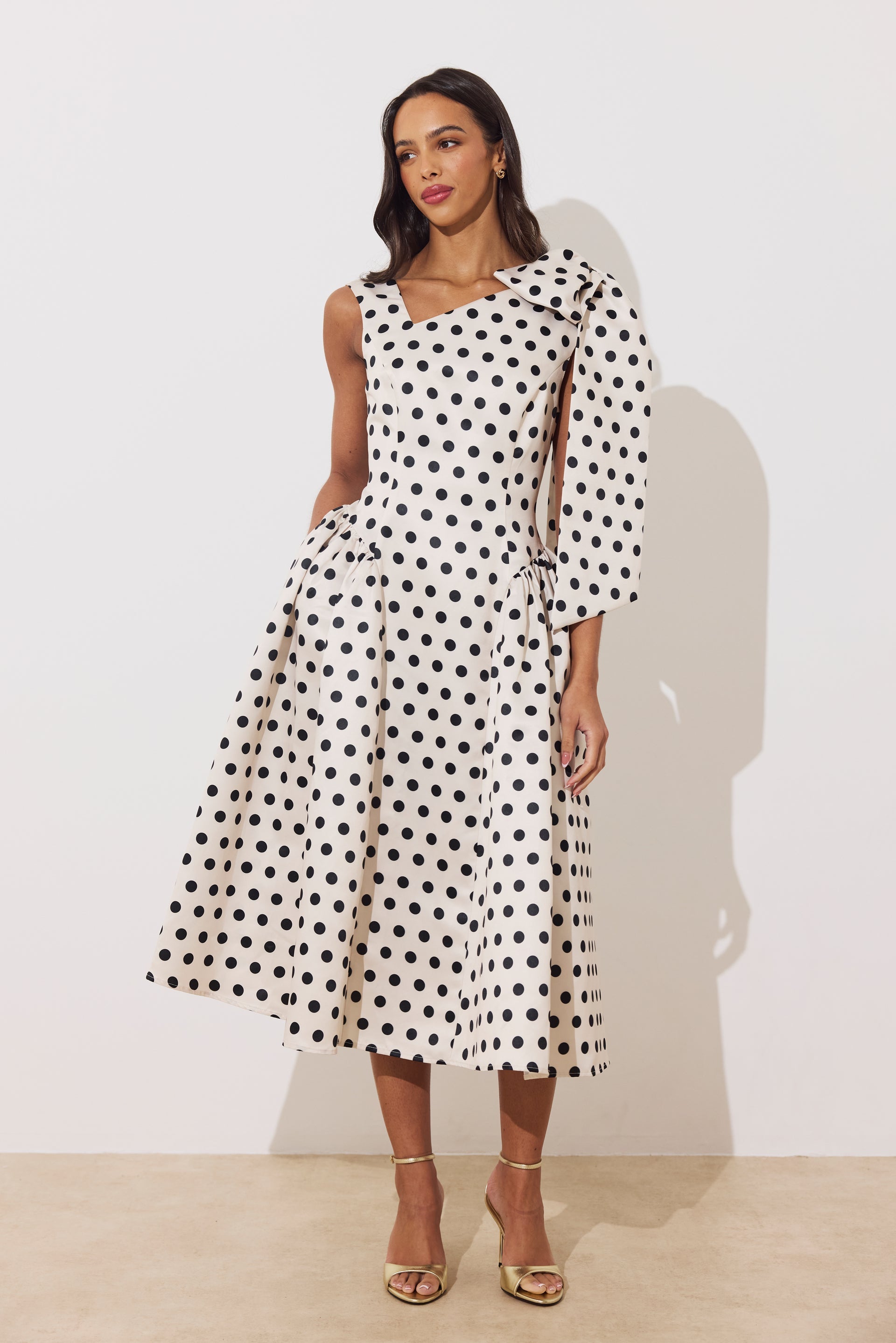 8th Sign Beatrice Polka Dot Midi Dress front view champagne