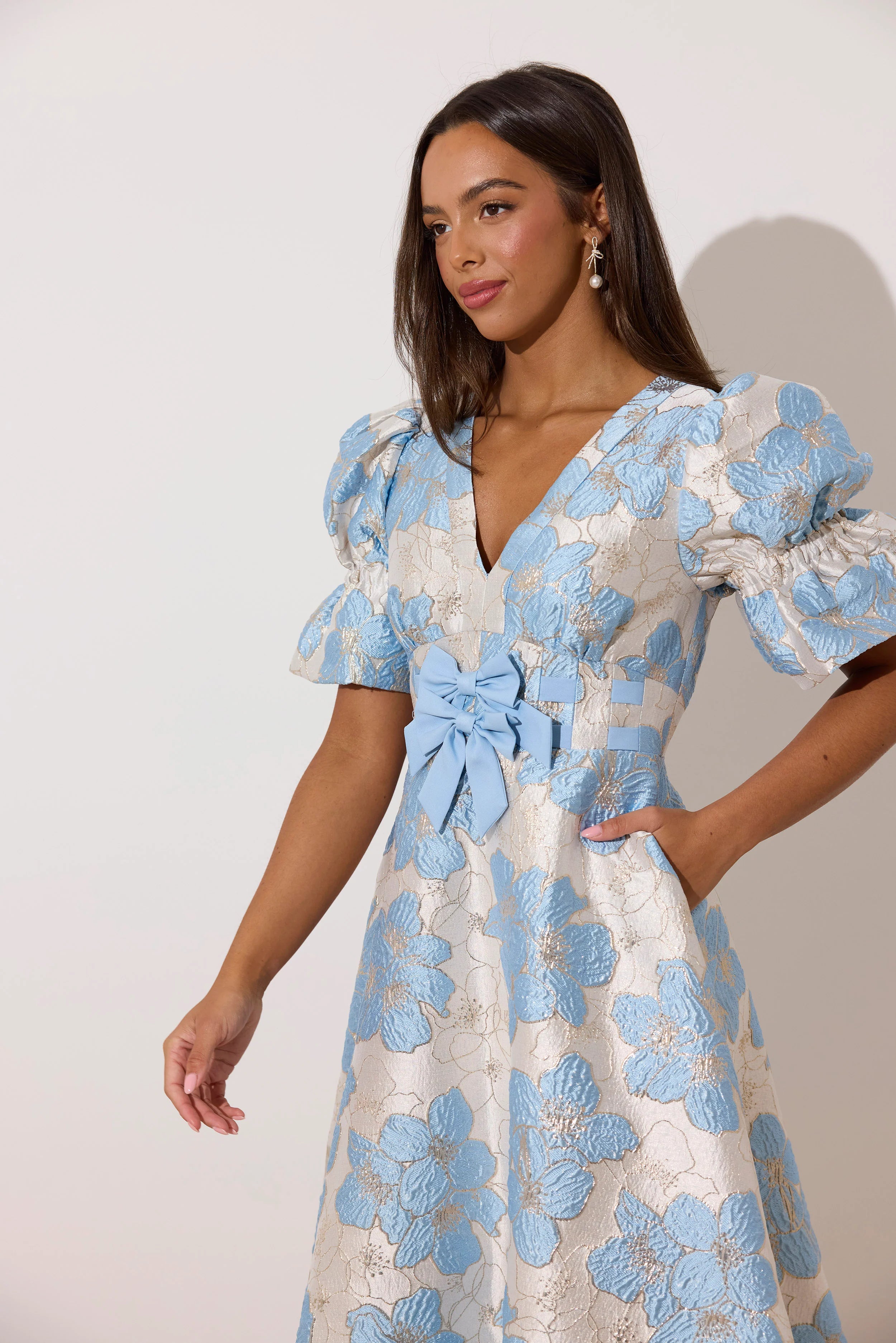 8th Sign Callie Blue Bow Front Occasion Dress with puff sleeve detail
