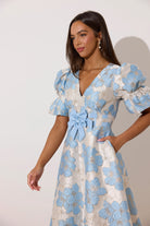 8th Sign Callie Blue Bow Front Occasion Dress with puff sleeve detail