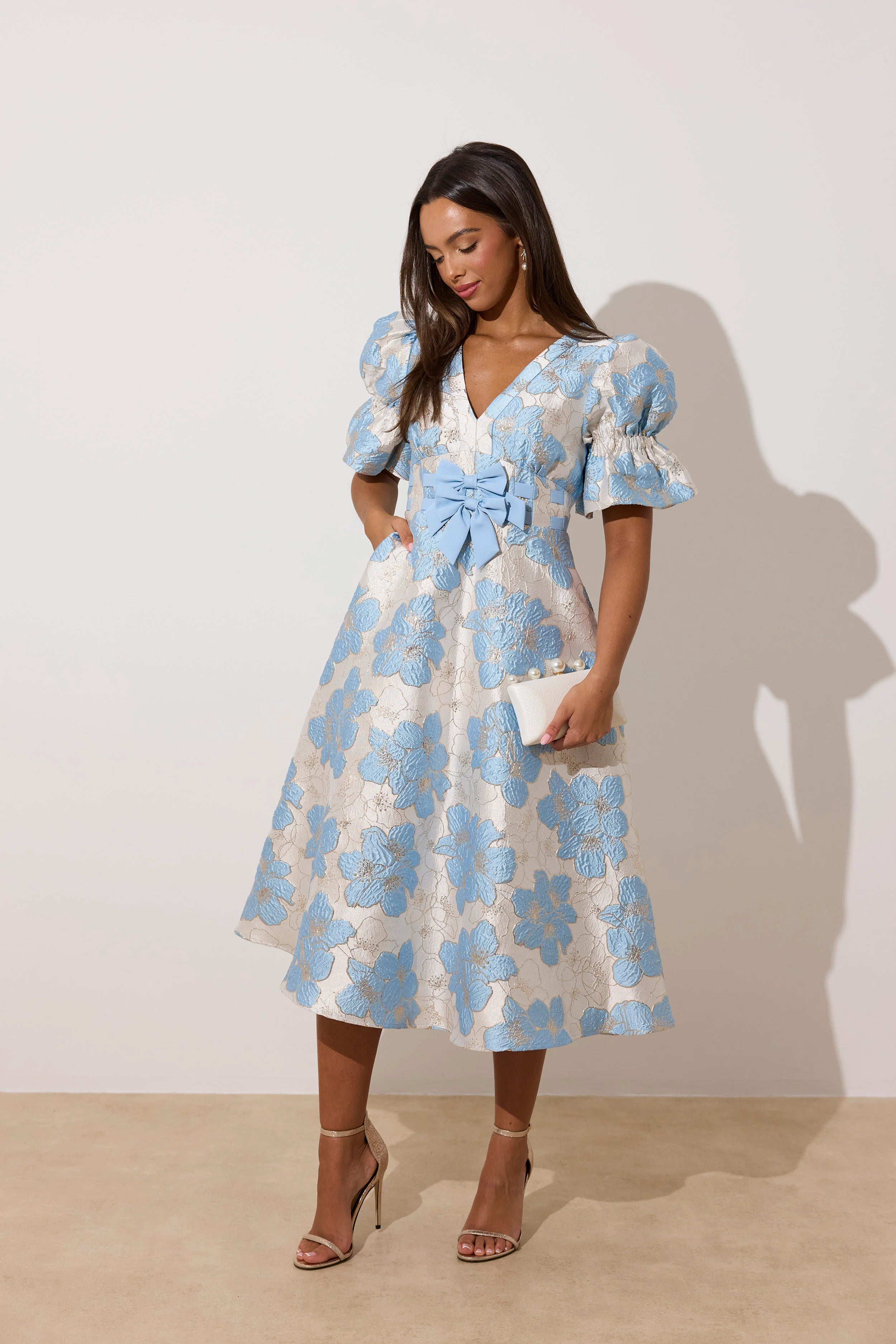 8th Sign Callie Bow Front Occasion Dress blue floral metallic front view