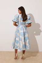 8th Sign Callie Bow Front blue brocade print Occasion Dress back view