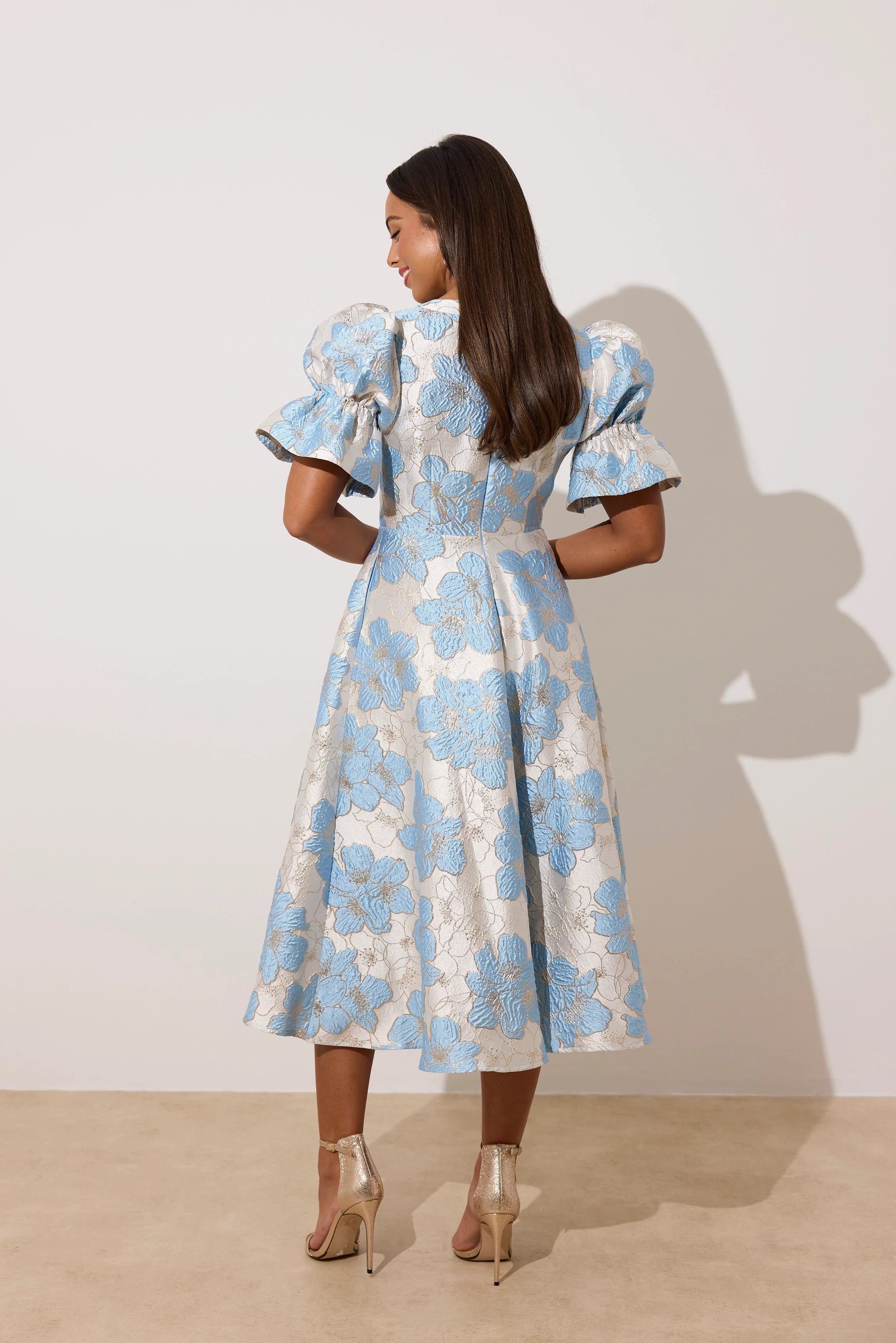 8th Sign Callie Bow Front blue brocade print Occasion Dress back view
