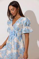 8th Sign Callie Blue Brocade Print Bow Front Occasion Dress V neck bodice detail