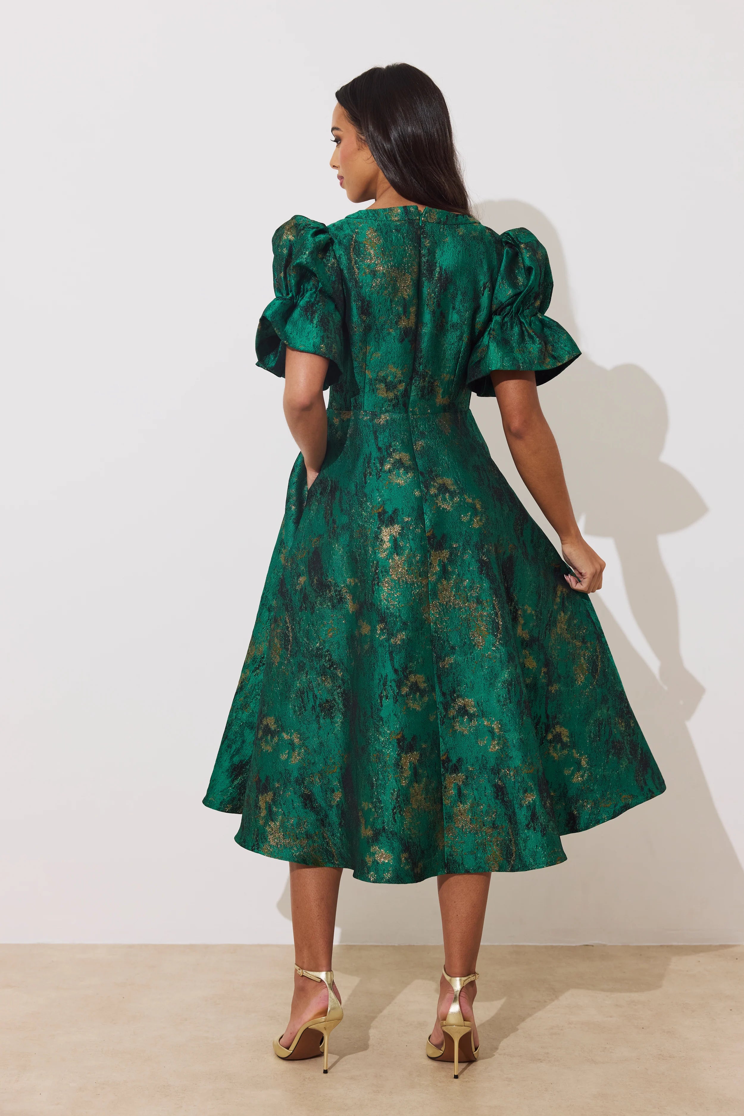 8th Sign Callie emerald green metallic midi dress rear full skirt view