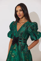 8th Sign Callie green metallic dress puff sleeves and black bow waist detail